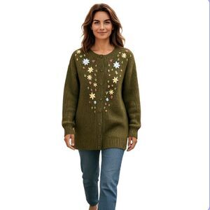 Free People Olive Green Floral Embroidered Cardigan